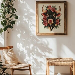 Vintage Western Bull Fine Art Print & Wild West Boho Art Print- Vintage Cowgirl